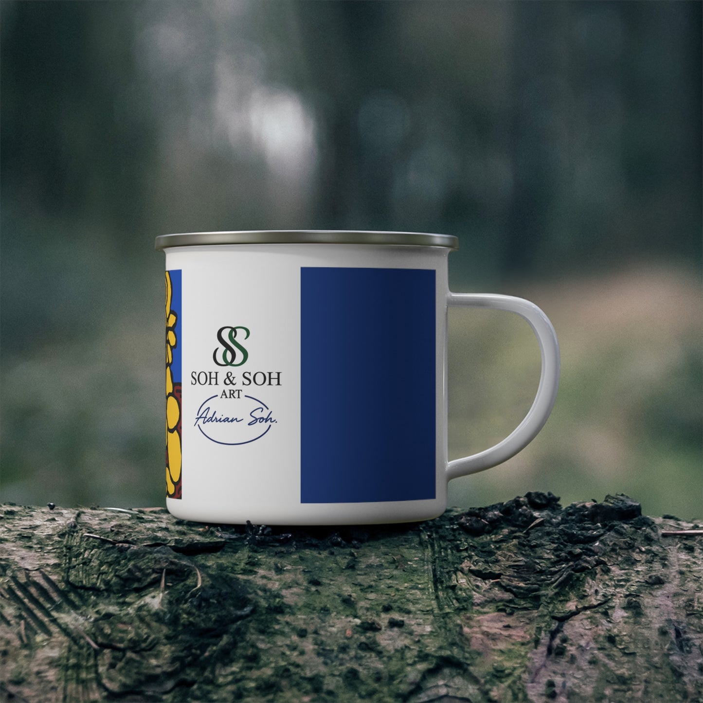 Enamel Camping Mug — Colorful Folk Art Totem Design, Outdoor Coffee Cup - The warrior hailing the mighty golden dragon