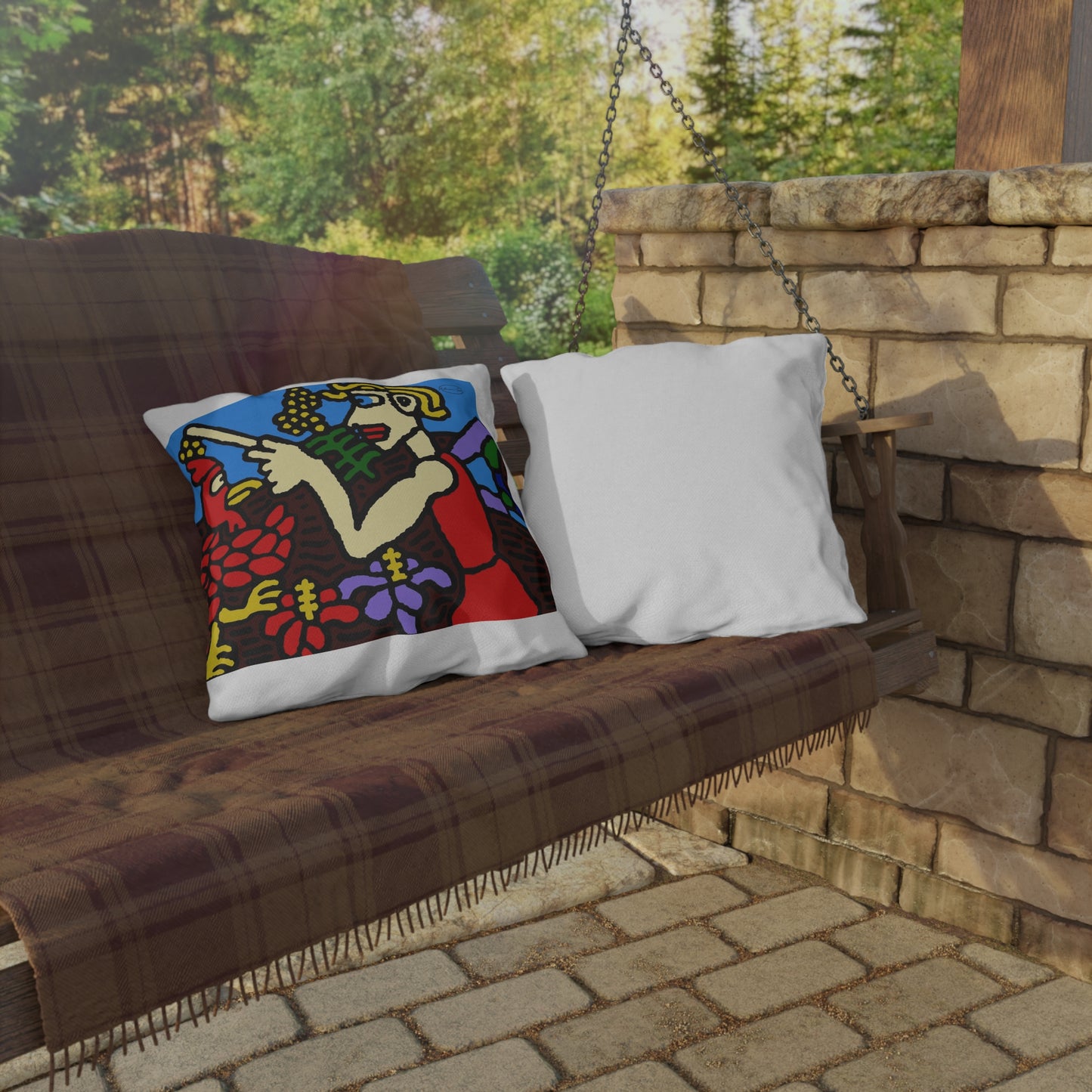 The hen gaining a blessing from a fairy — Outdoor Pillow