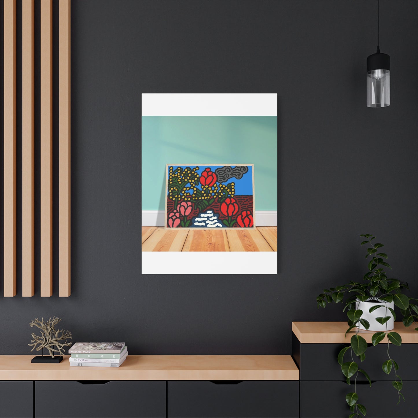 A field of tulips next to a wattle Canvas (Large)