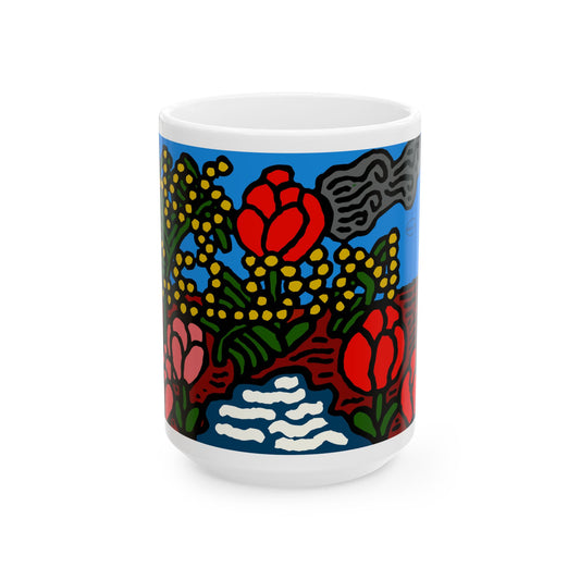 A field of tulips next to a wattle Ceramic Mug