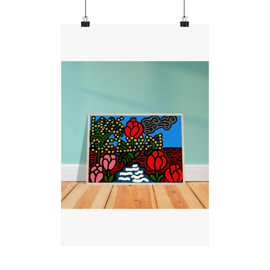 A field of tulips next to a wattle Matte Poster Vertical (Small)