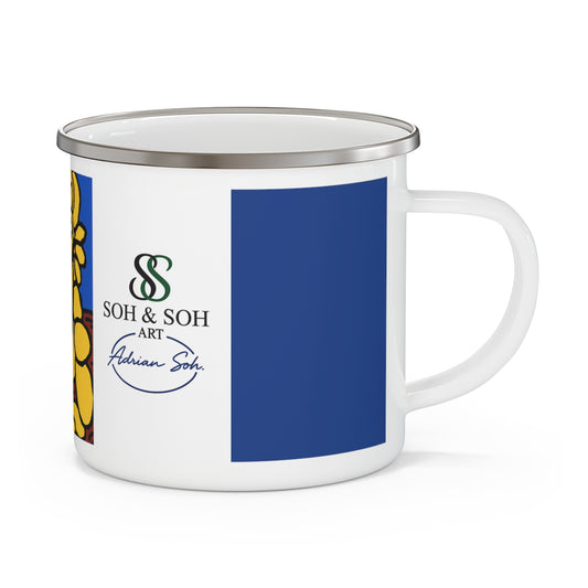 Enamel Camping Mug — Colorful Folk Art Totem Design, Outdoor Coffee Cup - The warrior hailing the mighty golden dragon