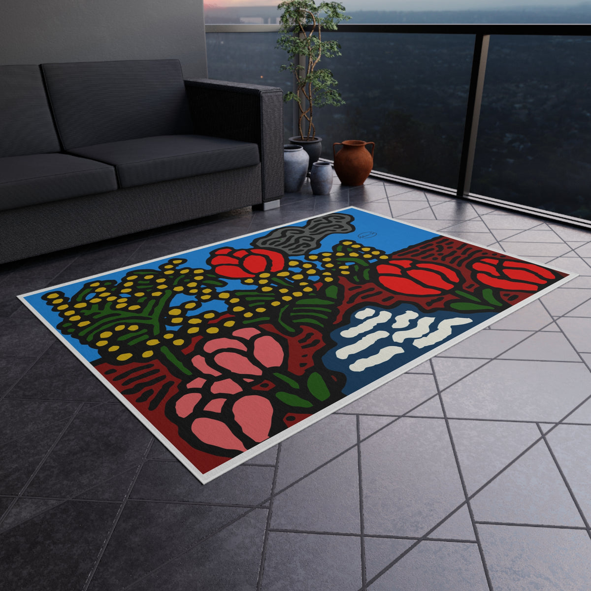 A field of tulips next to a wattle — Outdoor Rug