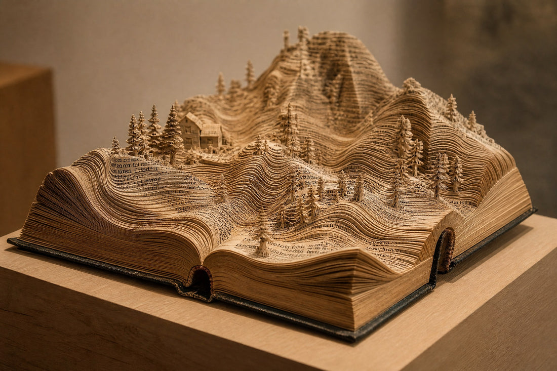 Three-dimensional landscape sculpture made from folded book pages