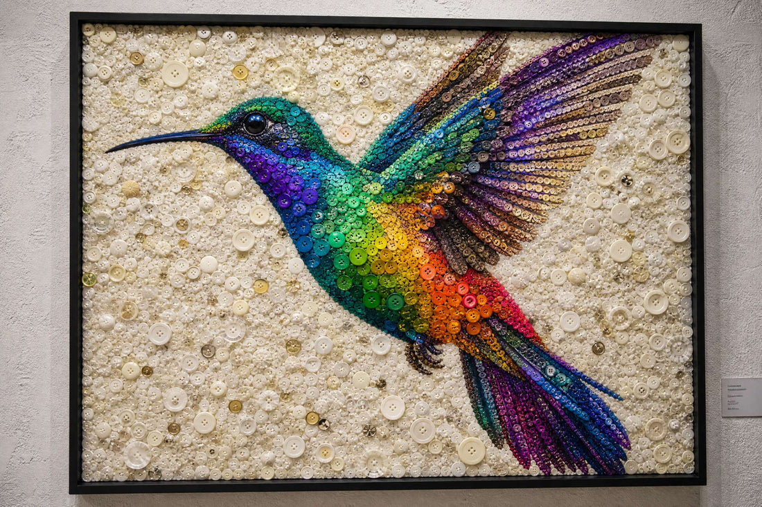 Hummingbird mosaic made from upcycled buttons