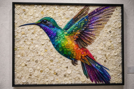 Hummingbird mosaic made from upcycled buttons