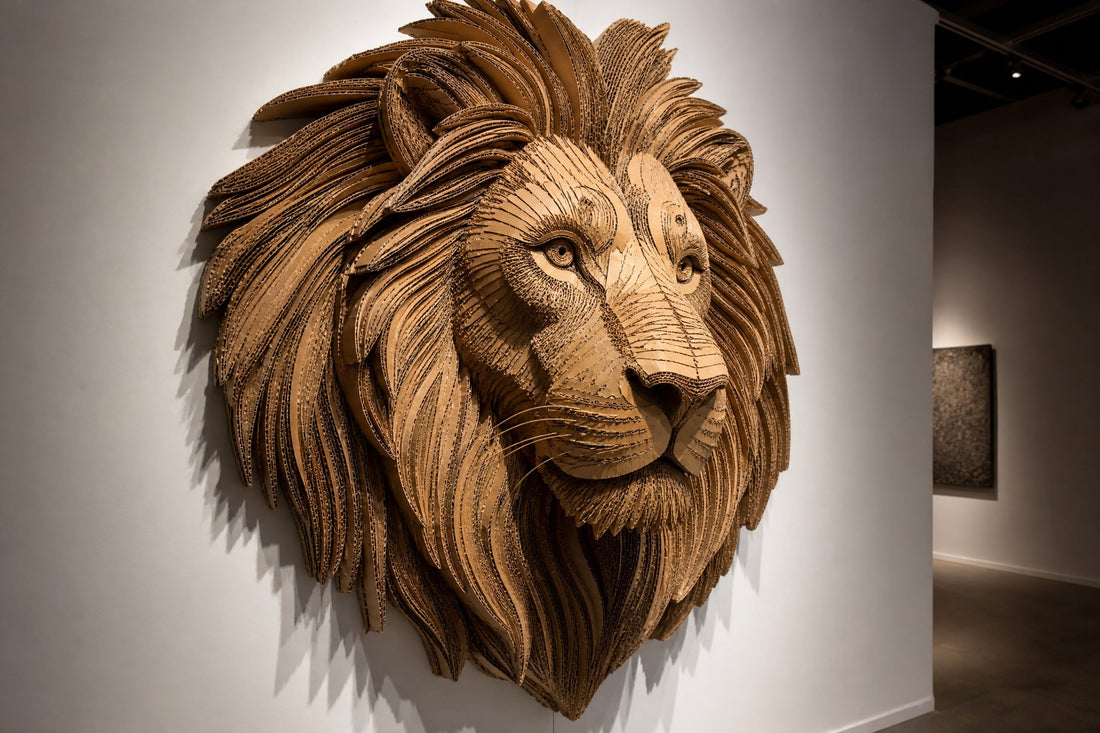 Large lion head sculpture made from layered corrugated cardboard