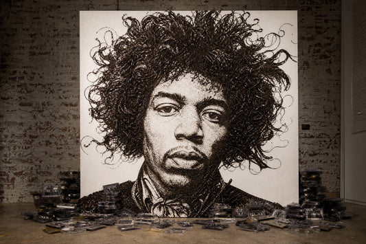 Large portrait of a musician made from magnetic cassette tape