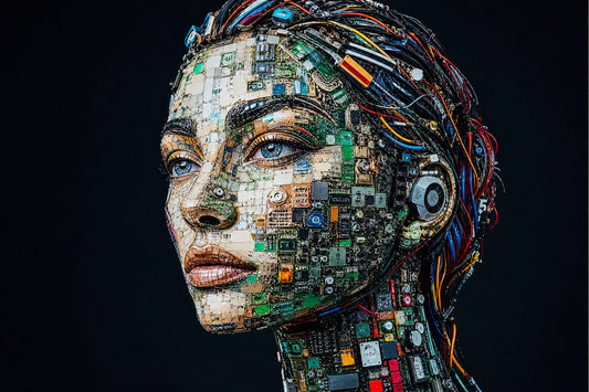 Intricate mosaic portrait made from upcycled circuit boards