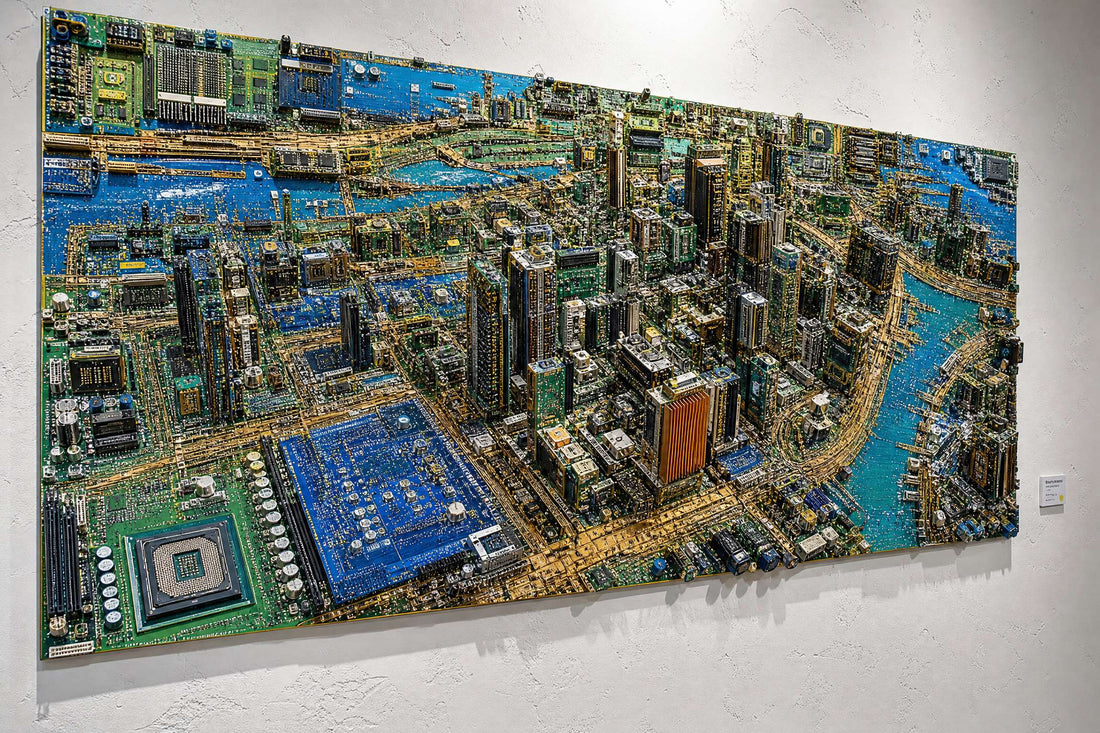 Cybernetic cityscape made from upcycled computer parts