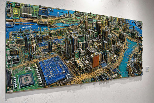 Cybernetic cityscape made from upcycled computer parts