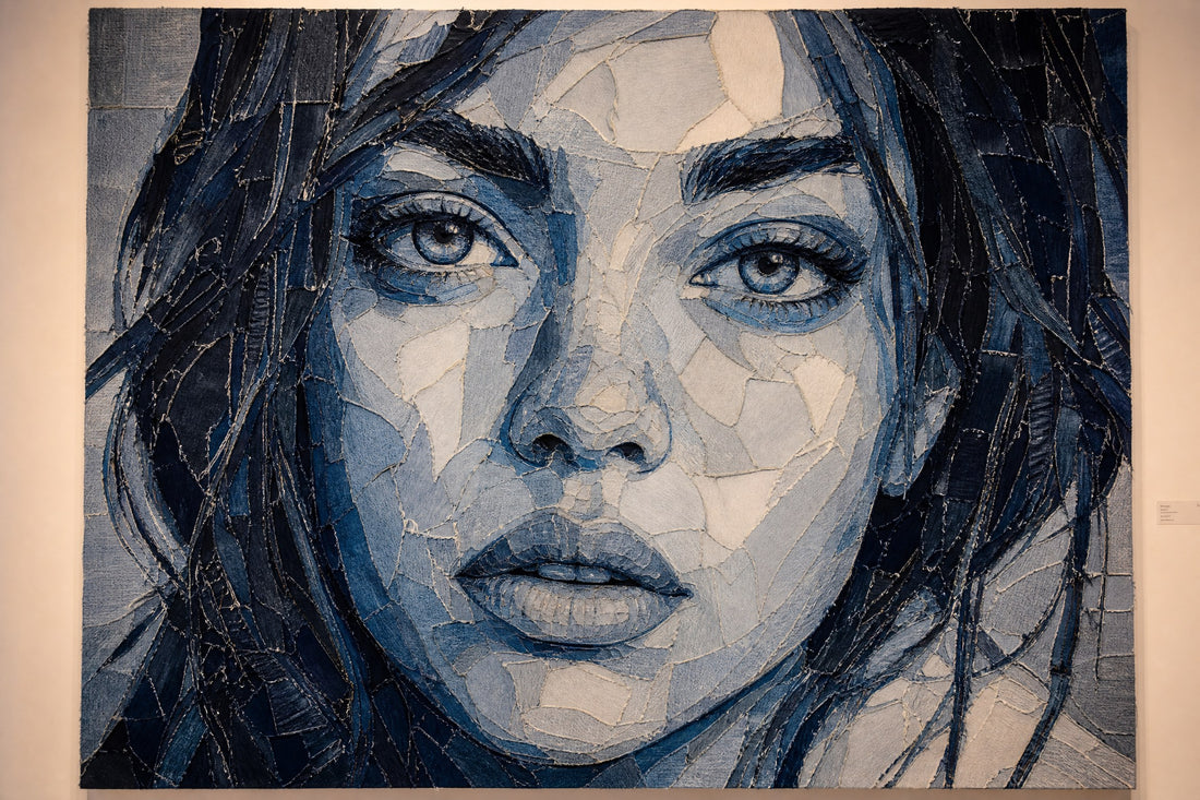 Large-scale portrait artwork made from layers of recycled denim fabric