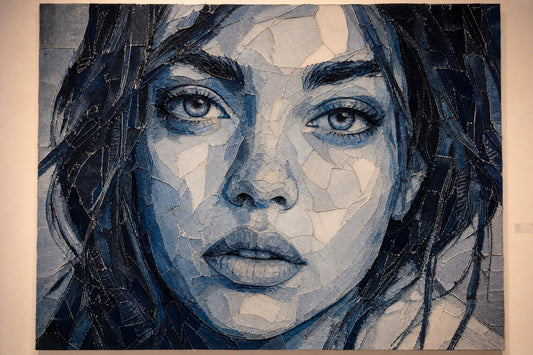 Large-scale portrait artwork made from layers of recycled denim fabric