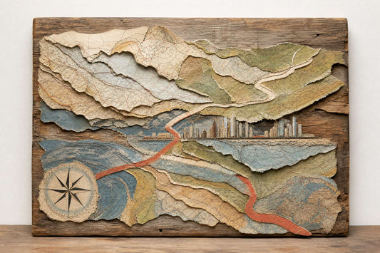 Recycled art relief made from discarded maps