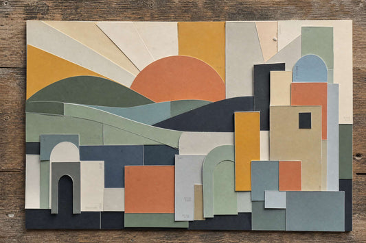 Layered recycled-art collage made from discarded paint swatches