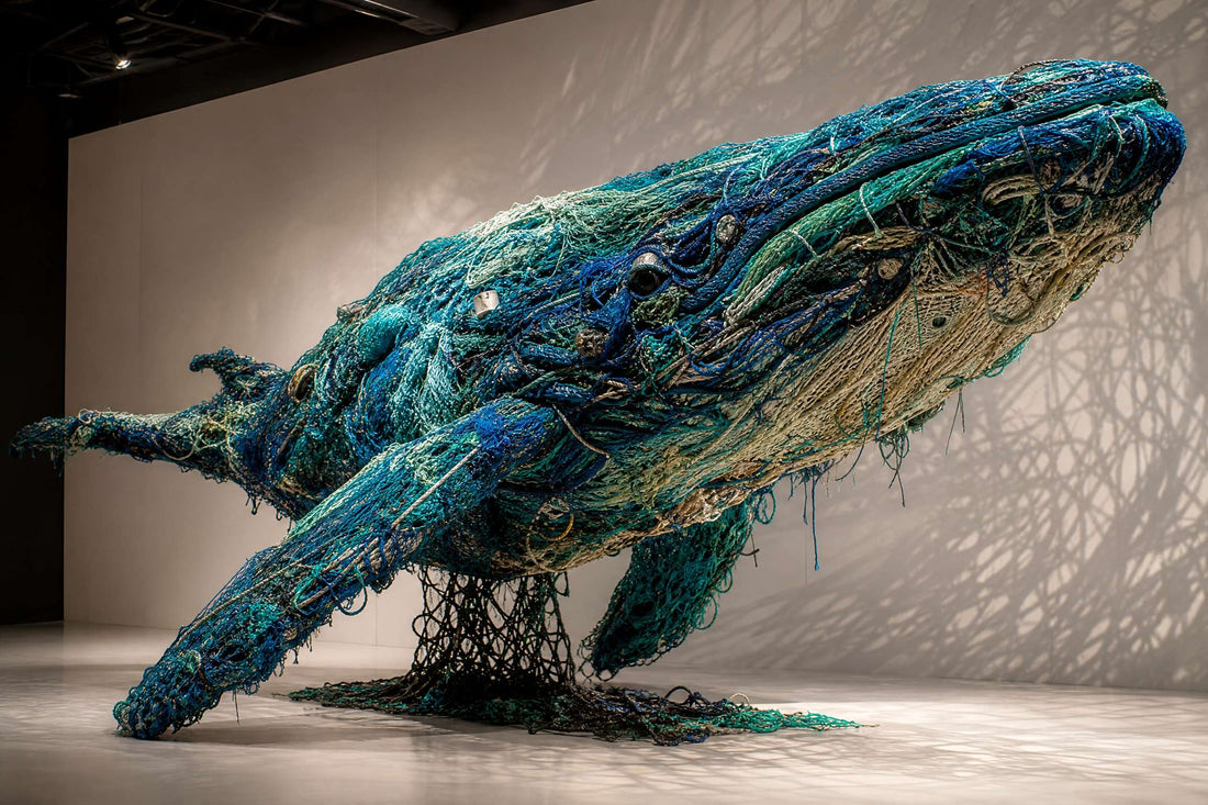 Humpback whale sculpture made from upcycled fishing nets