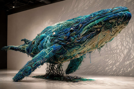 Humpback whale sculpture made from upcycled fishing nets