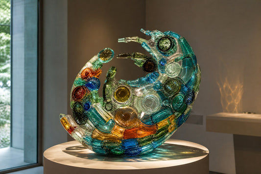 Stunning sculpture made from upcycled glass bottles and jars