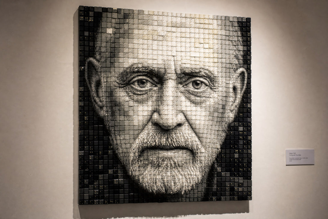 Mosaic portrait made from upcycled computer keyboard keys