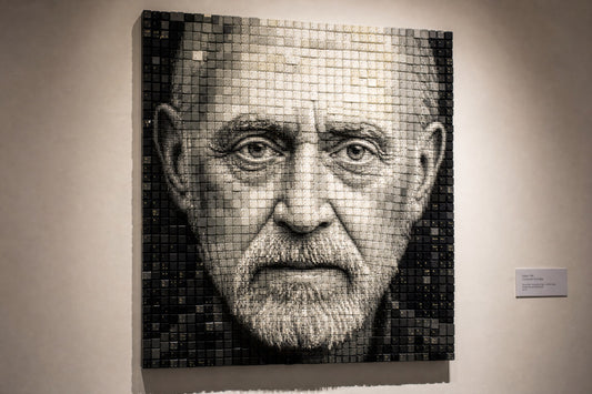 Mosaic portrait made from upcycled computer keyboard keys