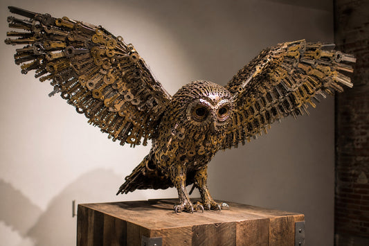 Owl sculpture made from upcycled vintage keys