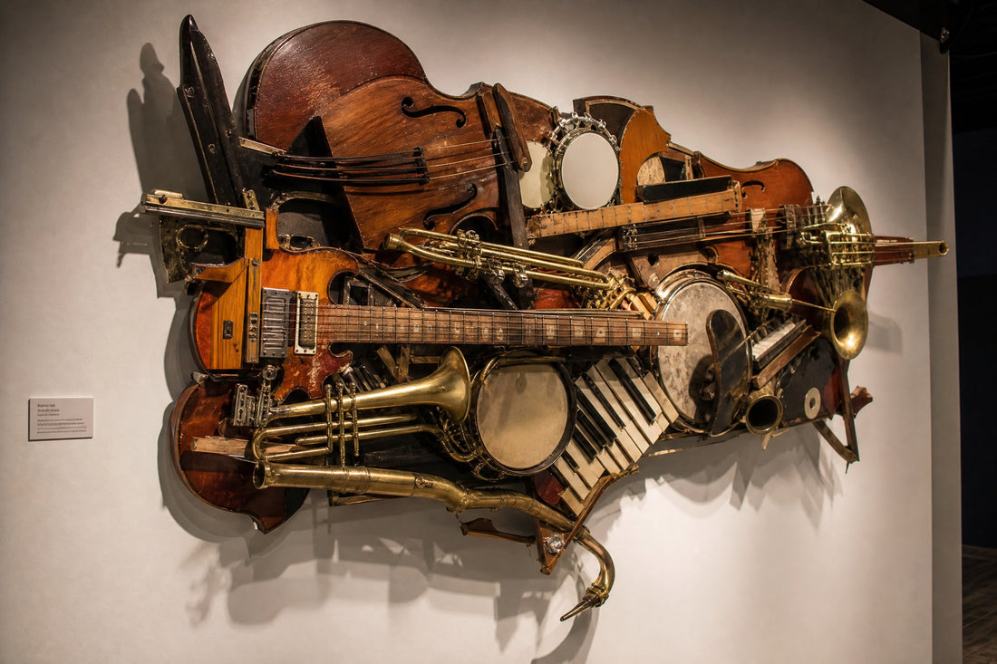 Wall sculpture made from upcycled broken musical instruments