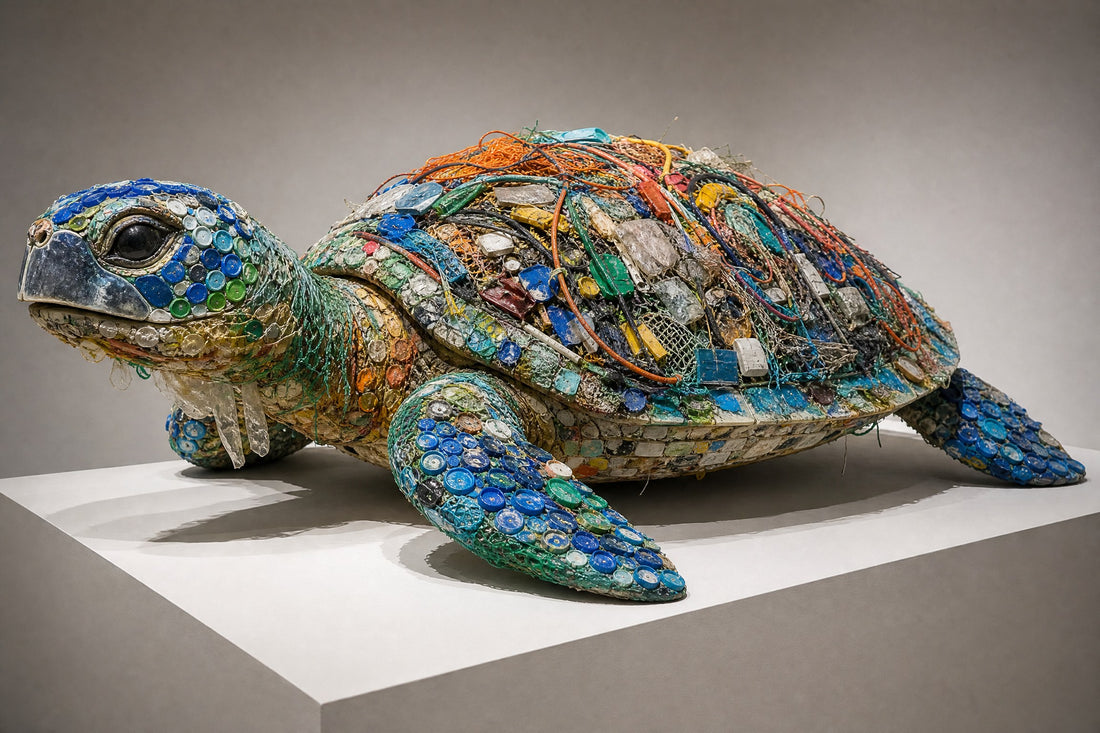 Sea turtle sculpture made from ocean plastic debris