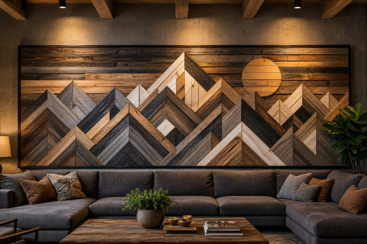 Geometric wall mosaic made from upcycled pallet wood
