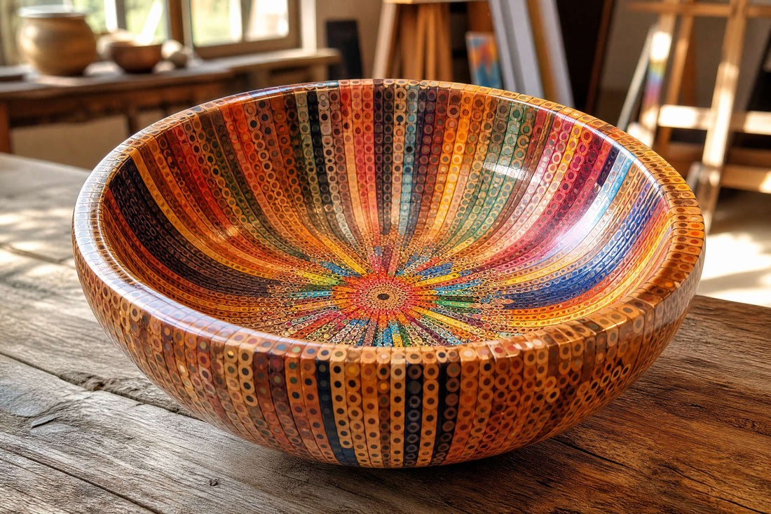 Bowl sculpture made from upcycled colored pencils