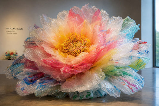 Stunning large-scale flower sculpture made from upcycled plastic bags