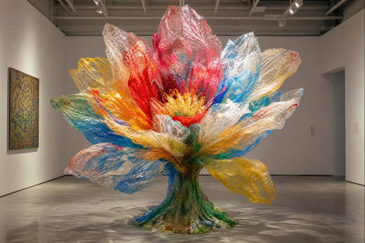 Stunning large-scale flower sculpture made from upcycled plastic bags