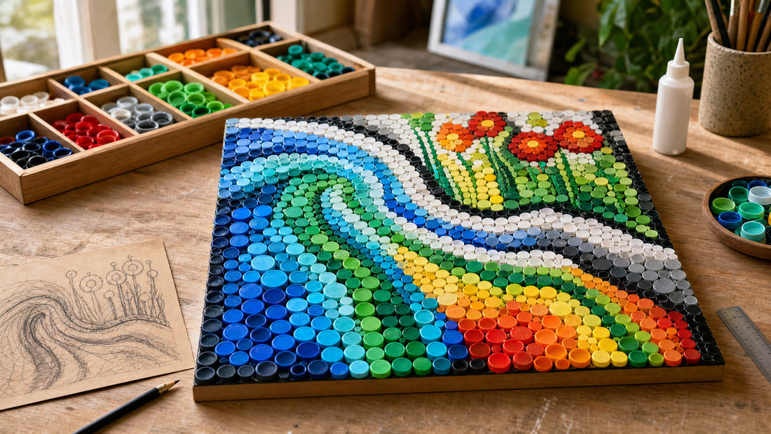 The Colour-Cap Canvas: Turning Plastic Bottle Caps into Recycled Mosaic Art