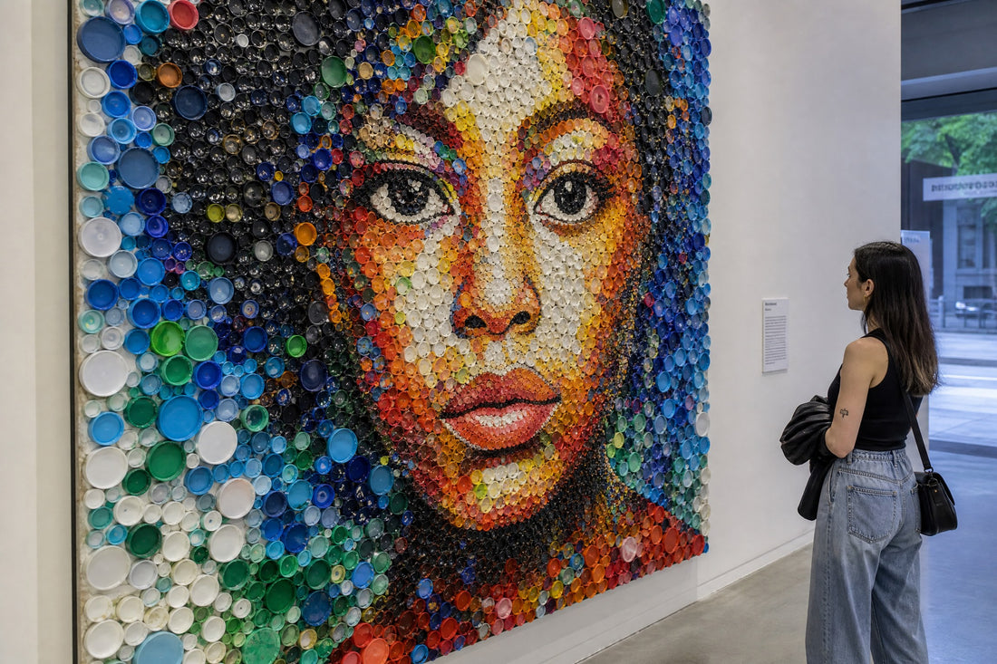Mosaic portrait made from upcycled plastic bottle caps