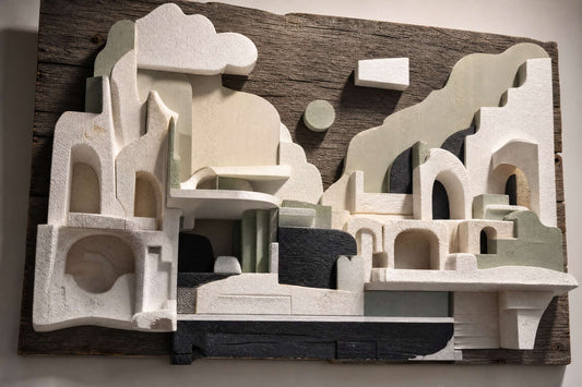 Lightweight recycled-art relief made from discarded foam packaging
