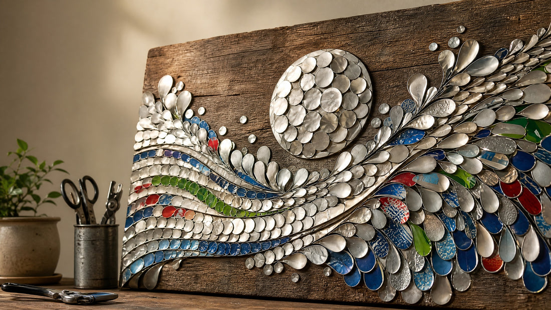 Recycled aluminum can wall relief art made from shimmering metal scales on reclaimed wood
