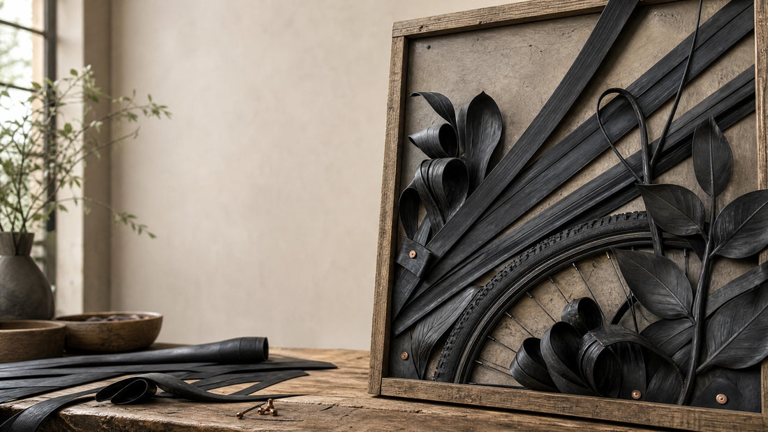 Recycled bicycle inner tubes and tire rubber transformed into contemporary black botanical wall art