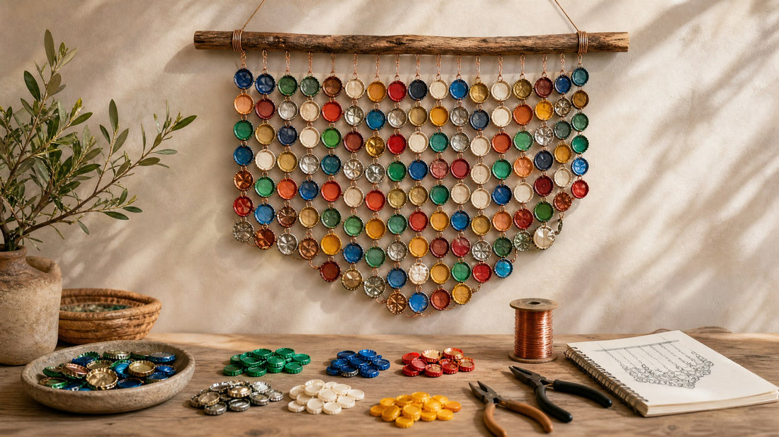 A handmade recycled bottle-cap wall hanging suspended from a salvaged wooden dowel in a warm art studio.