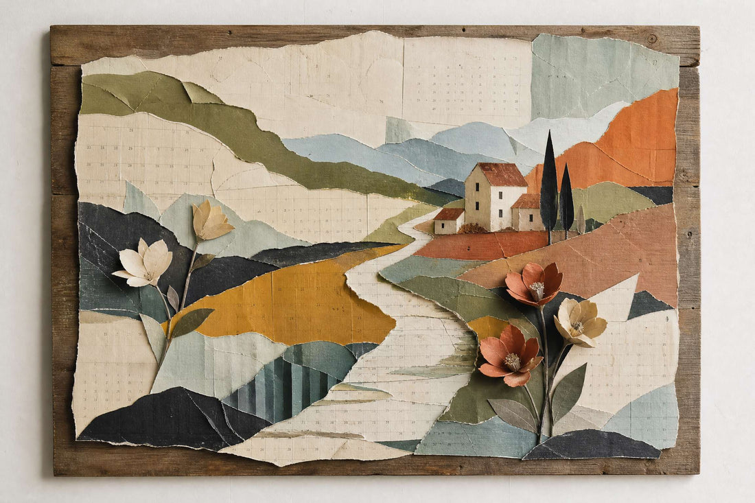 Layered recycled-art landscape made from discarded calendar pages