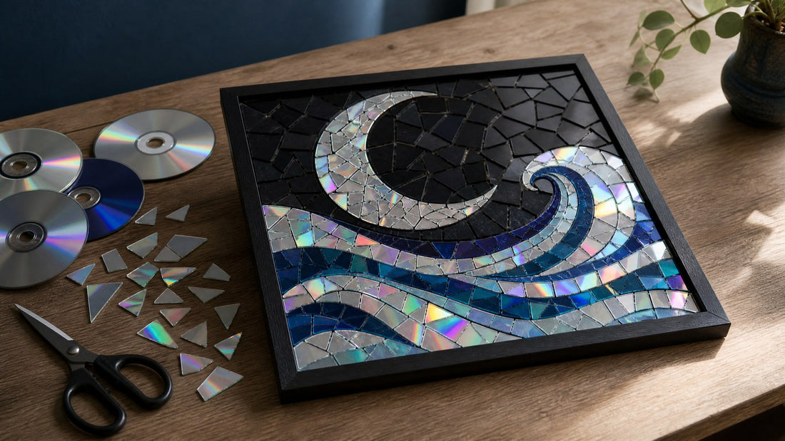 Framed crescent moon and wave mosaic wall art made from recycled CDs and DVDs