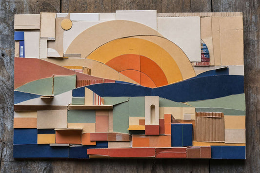Layered recycled-art landscape made from discarded cereal boxes