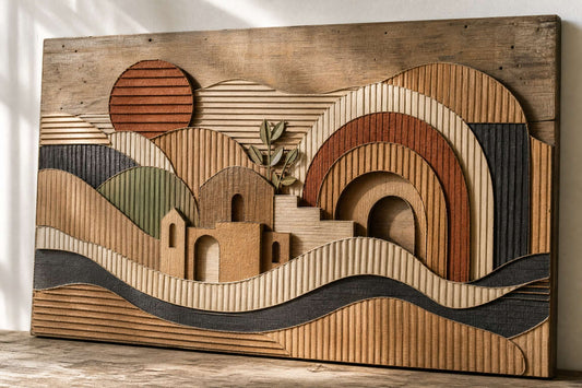 Layered recycled-art relief made from discarded paper coffee sleeves