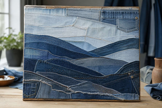 Layered recycled-art landscape made from reclaimed denim