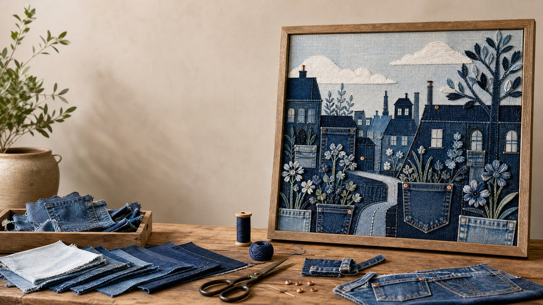 Framed wall art made from recycled denim scraps, pockets, seams, and faded old jeans on a studio table