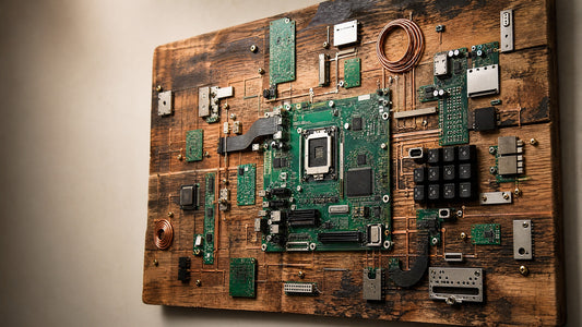 Recycled e-waste circuit board assemblage art on reclaimed wood panel