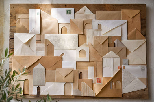 Layered recycled-art relief made from discarded paper envelopes