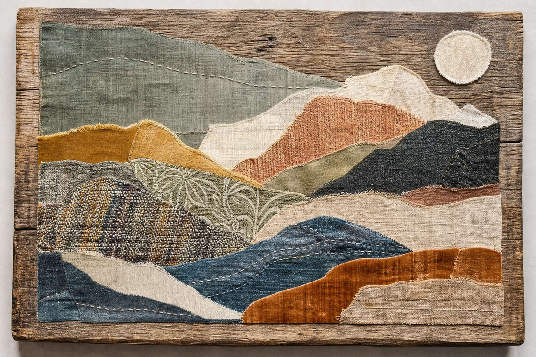 Tactile recycled-art landscape made from fabric sample swatches