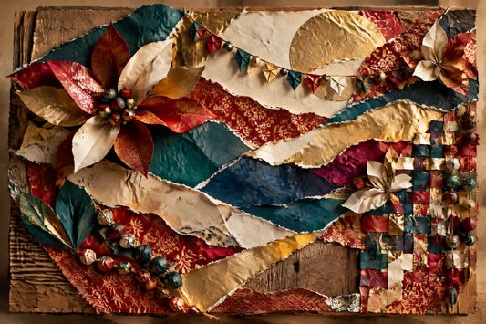 Layered recycled art made from discarded gift wrapping paper