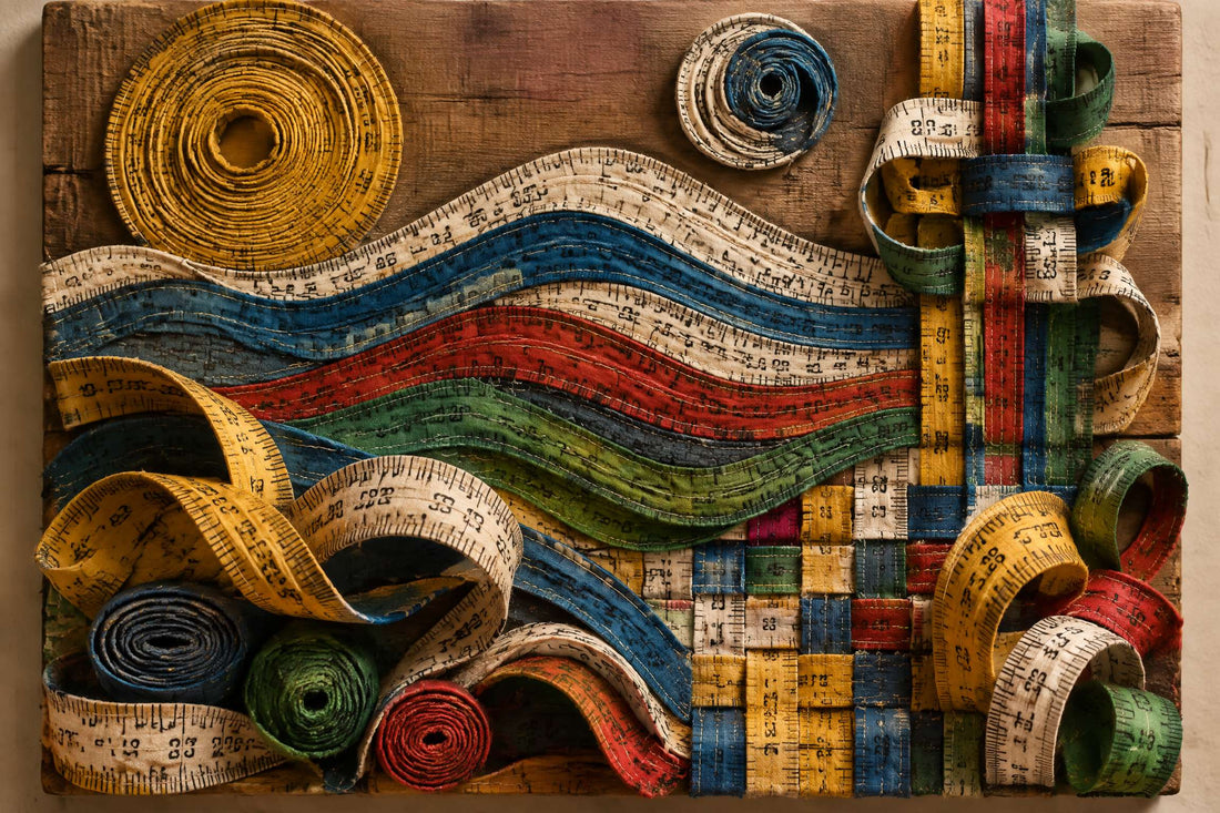 Recycled art made from discarded fabric measuring tapes