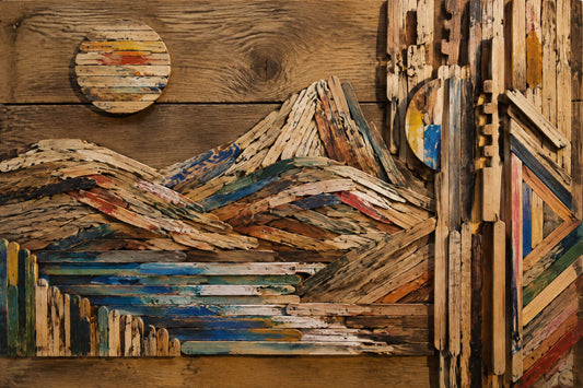 Recycled art made from discarded wooden paint stirrers