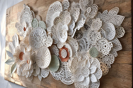 Layered recycled-art relief made from discarded paper doilies